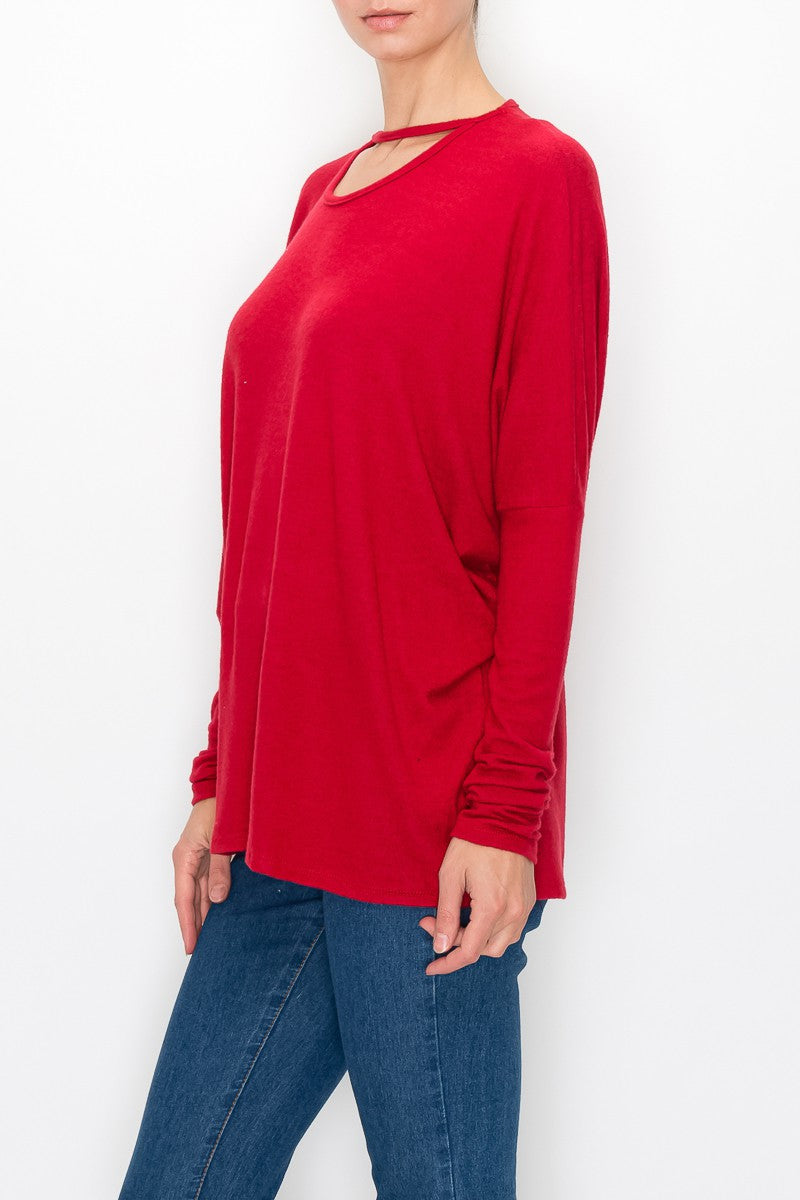 Cutout Front Long Sleeve Top - Red