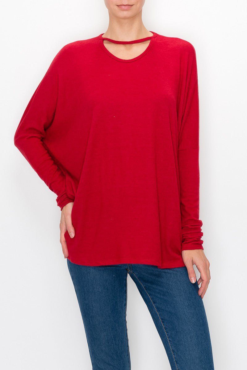 Cutout Front Long Sleeve Top - Red