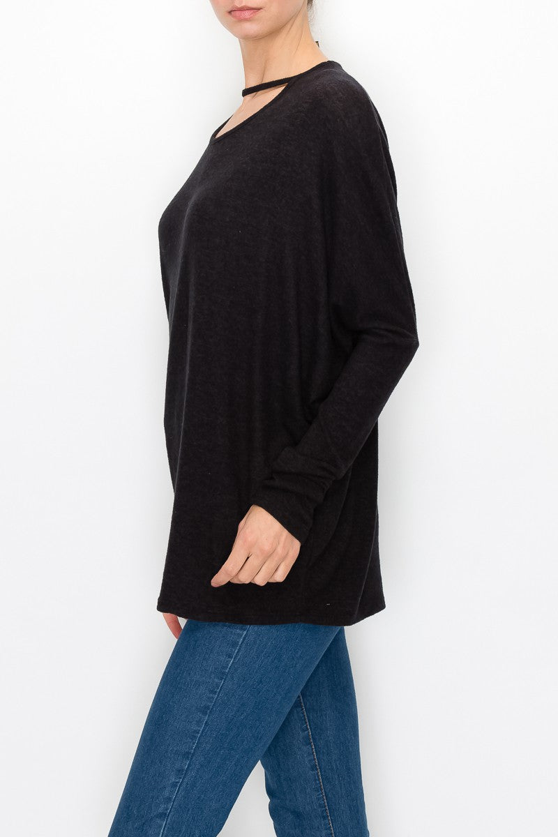 Cutout Front Long Sleeve Top - Black