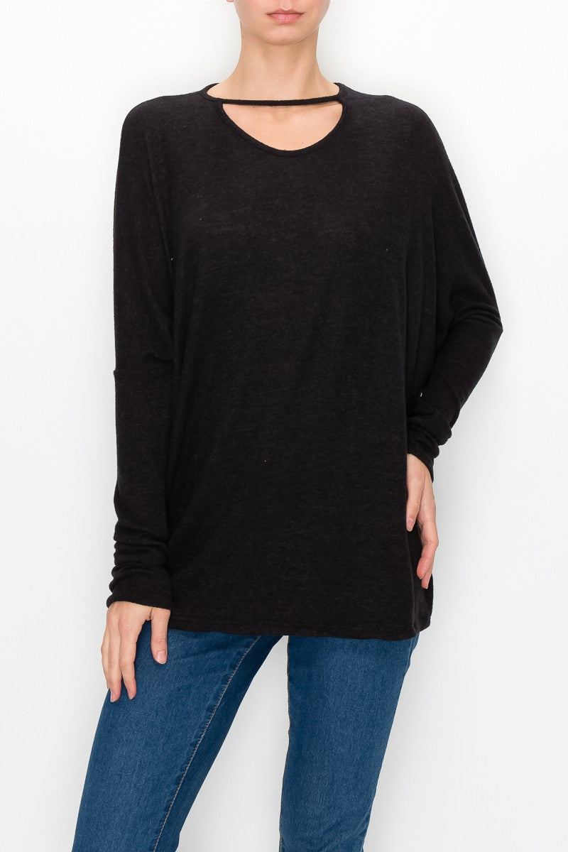 Cutout Front Long Sleeve Top - Black