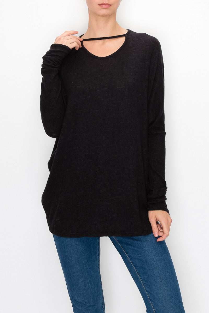 Cutout Front Long Sleeve Top - Black