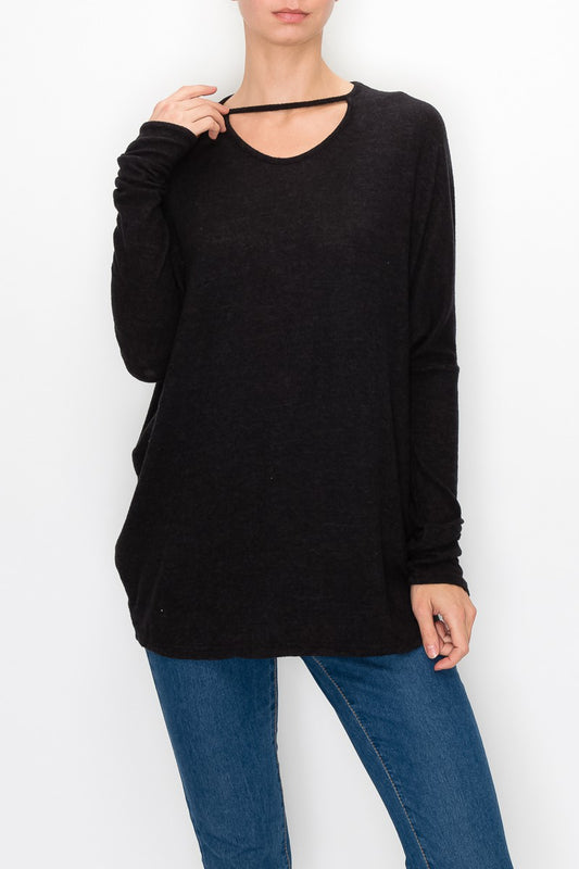 Cutout Front Long Sleeve Top - Black