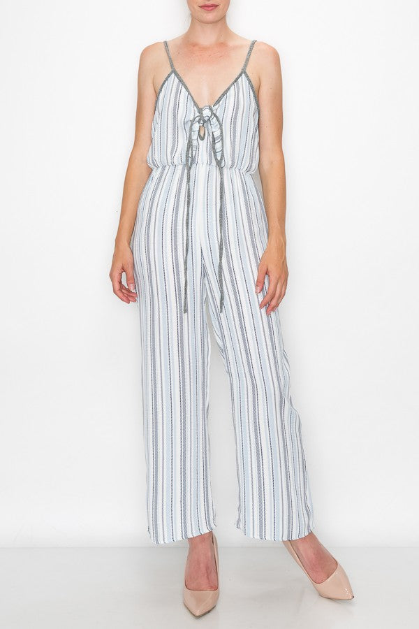 Front Tie Cropped Jumpsuit - Blue