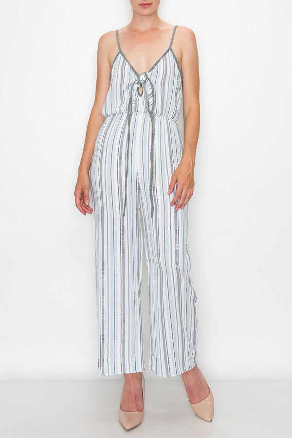Front Tie Cropped Jumpsuit - Blue