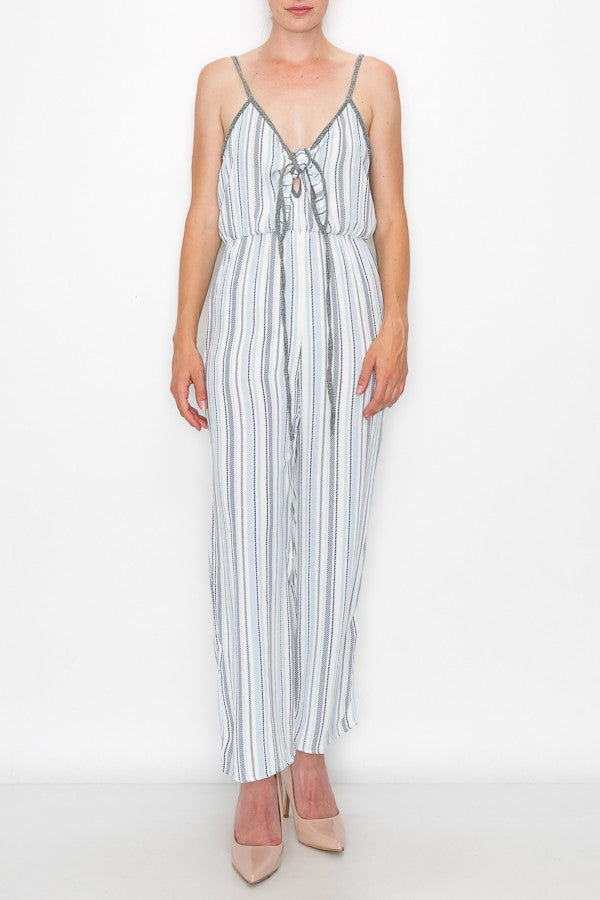 Front Tie Cropped Jumpsuit - Blue