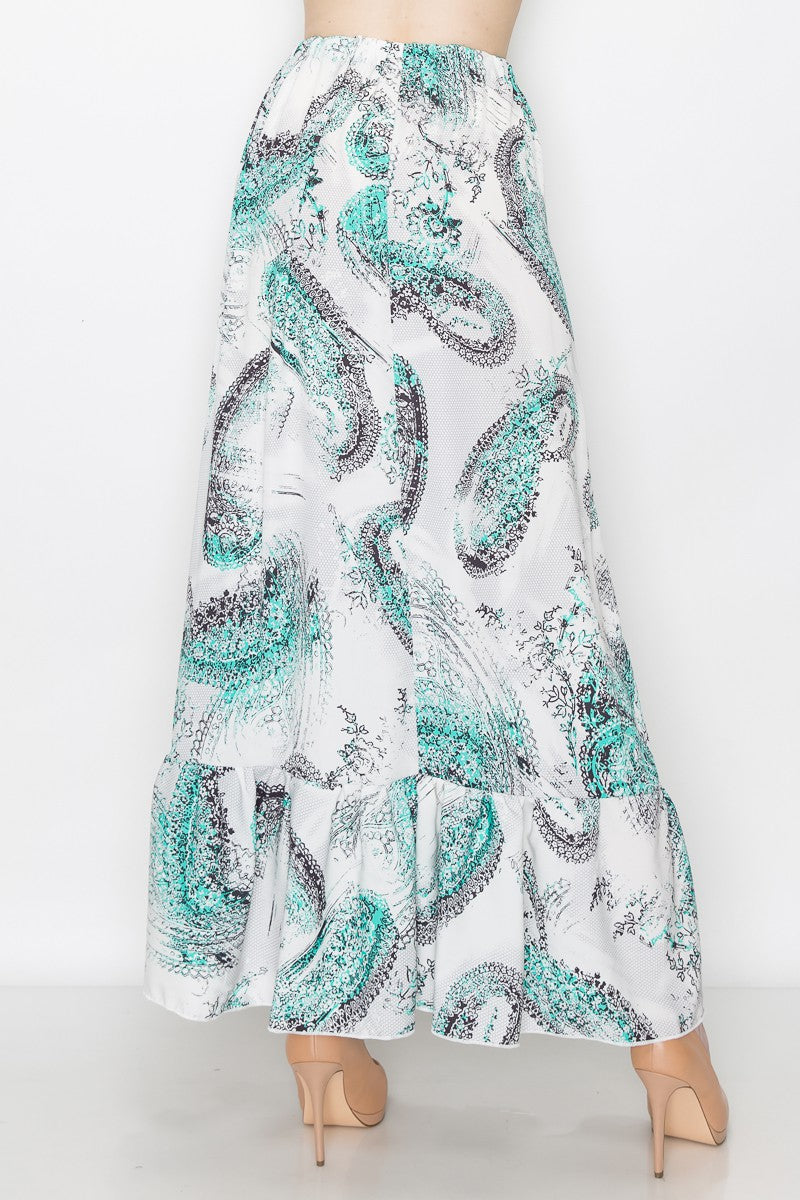 Flared Bottom Paisley Print Long Skirt - White