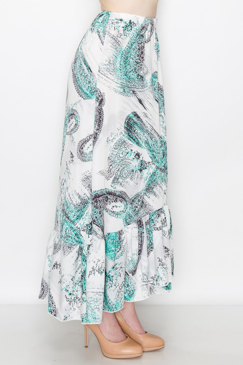 Flared Bottom Paisley Print Long Skirt - White