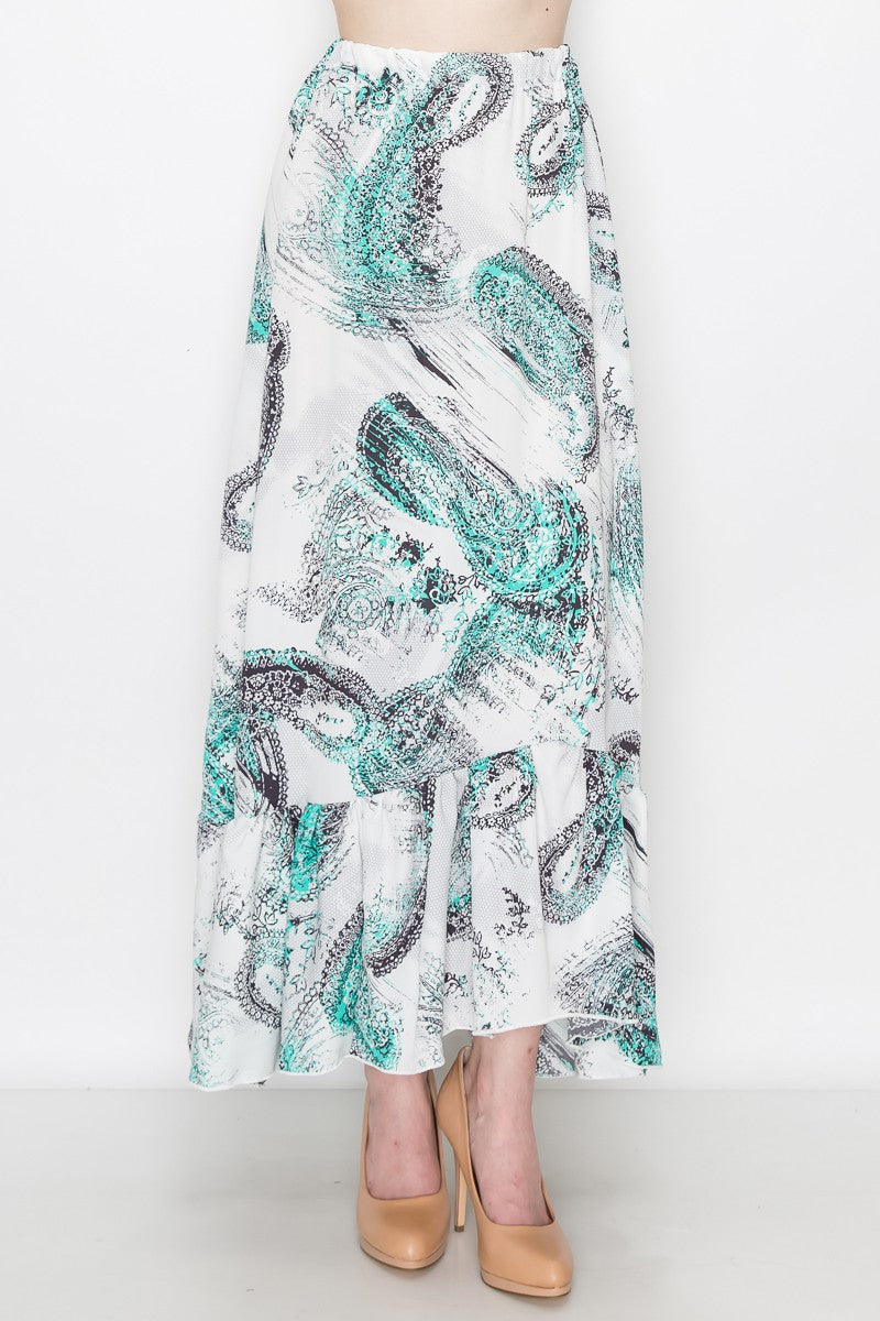 Flared Bottom Paisley Print Long Skirt - White