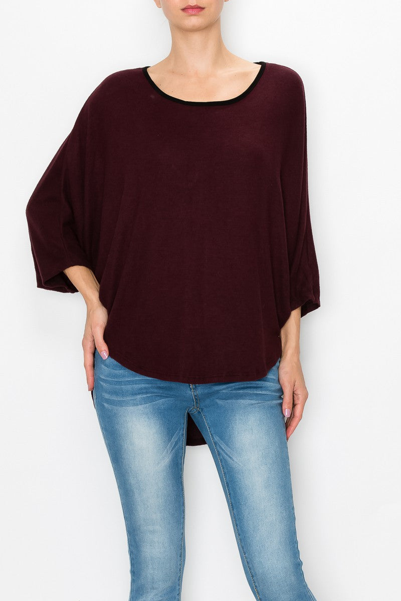High and Low Round Neck Tunic Top - Burgundy