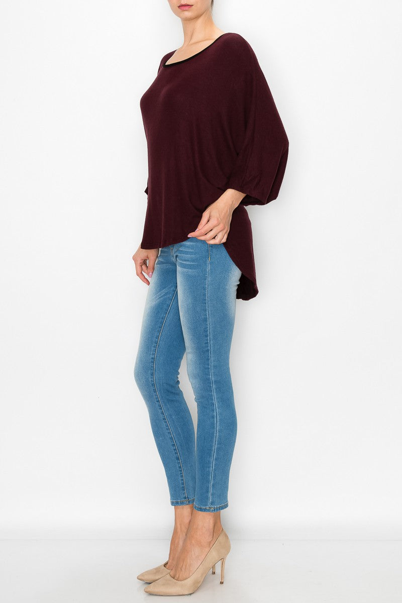 High and Low Round Neck Tunic Top - Burgundy