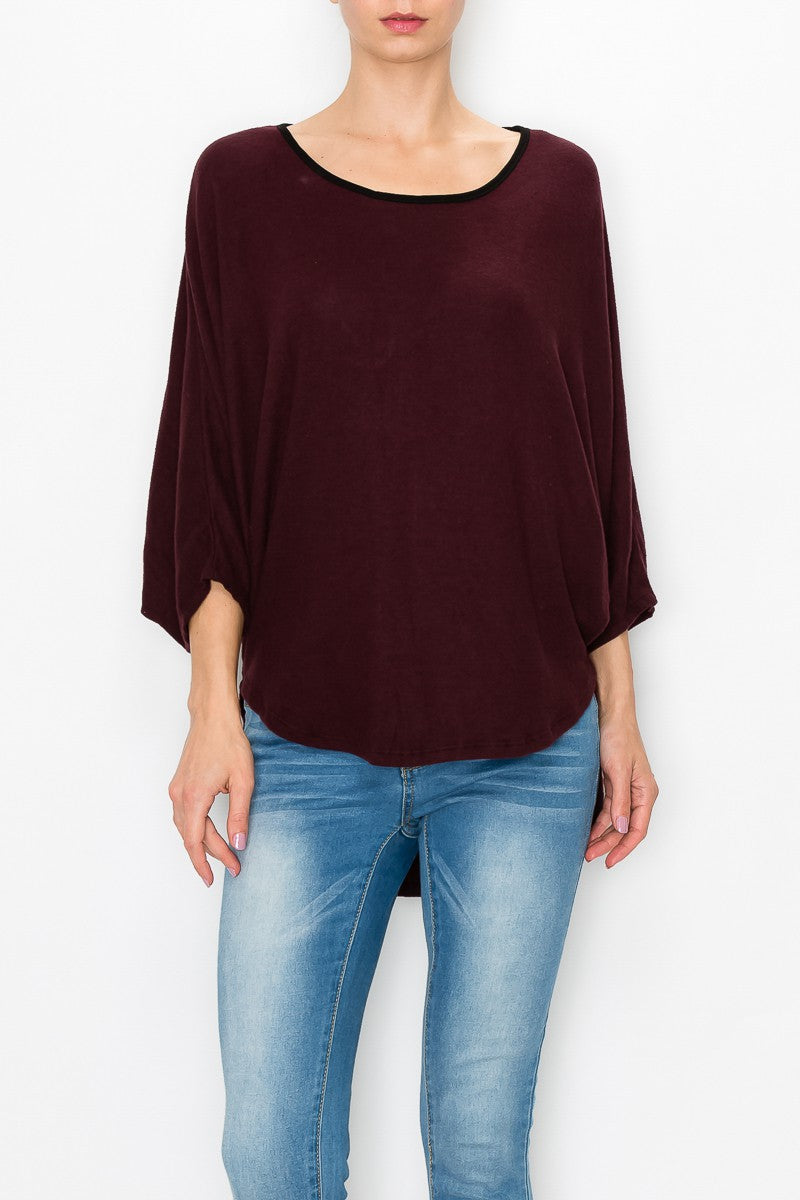 High and Low Round Neck Tunic Top - Burgundy
