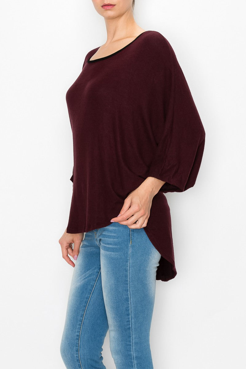 High and Low Round Neck Tunic Top - Burgundy