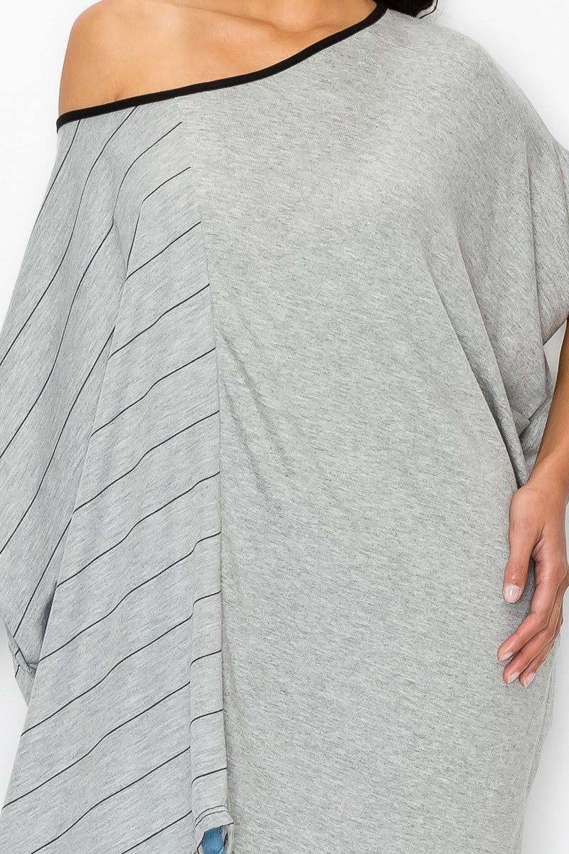 Stripe and Solid Contrast Oversized Top - Grey