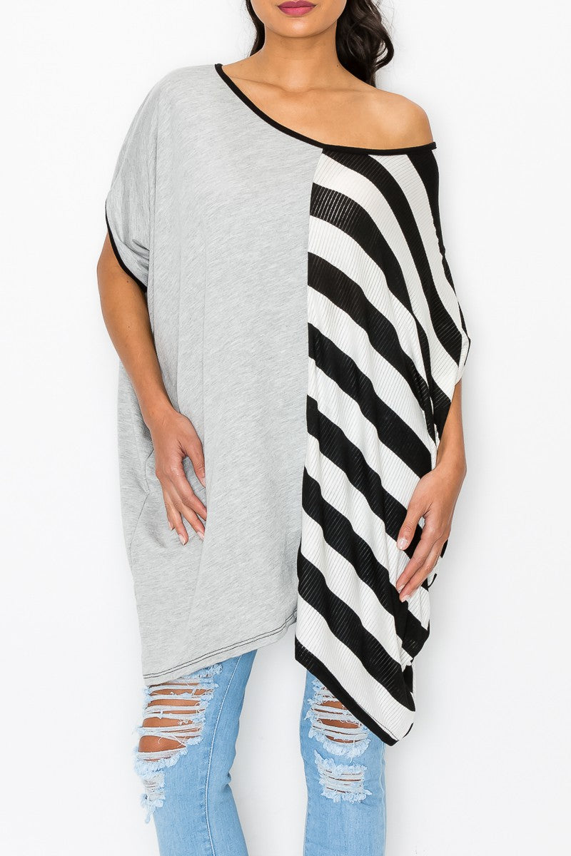 Stripe and Solid Contrast Oversized Top - Grey/Black