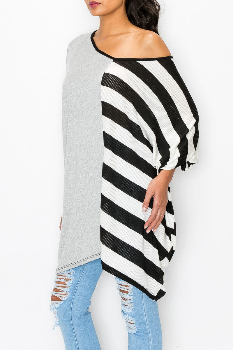 Stripe and Solid Contrast Oversized Top - Grey/Black