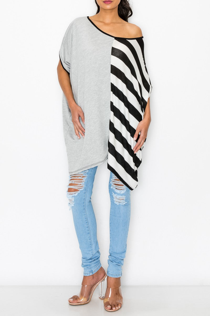 Stripe and Solid Contrast Oversized Top - Grey/Black
