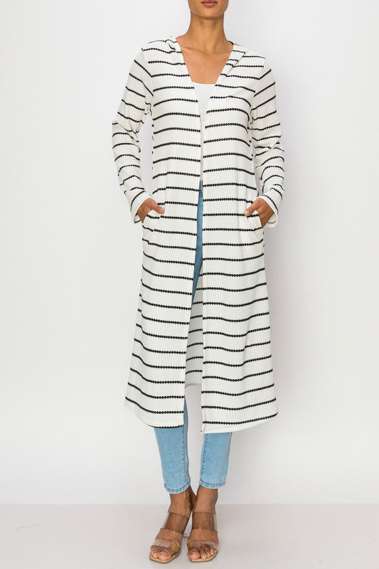 Long Sleeve Hooded Cardigan with Pockets - Striped