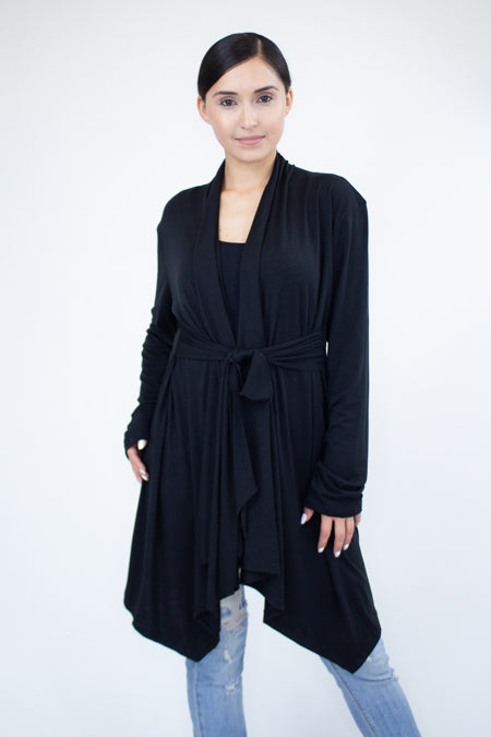 Light Weight Waist Tie Cardigan - Black