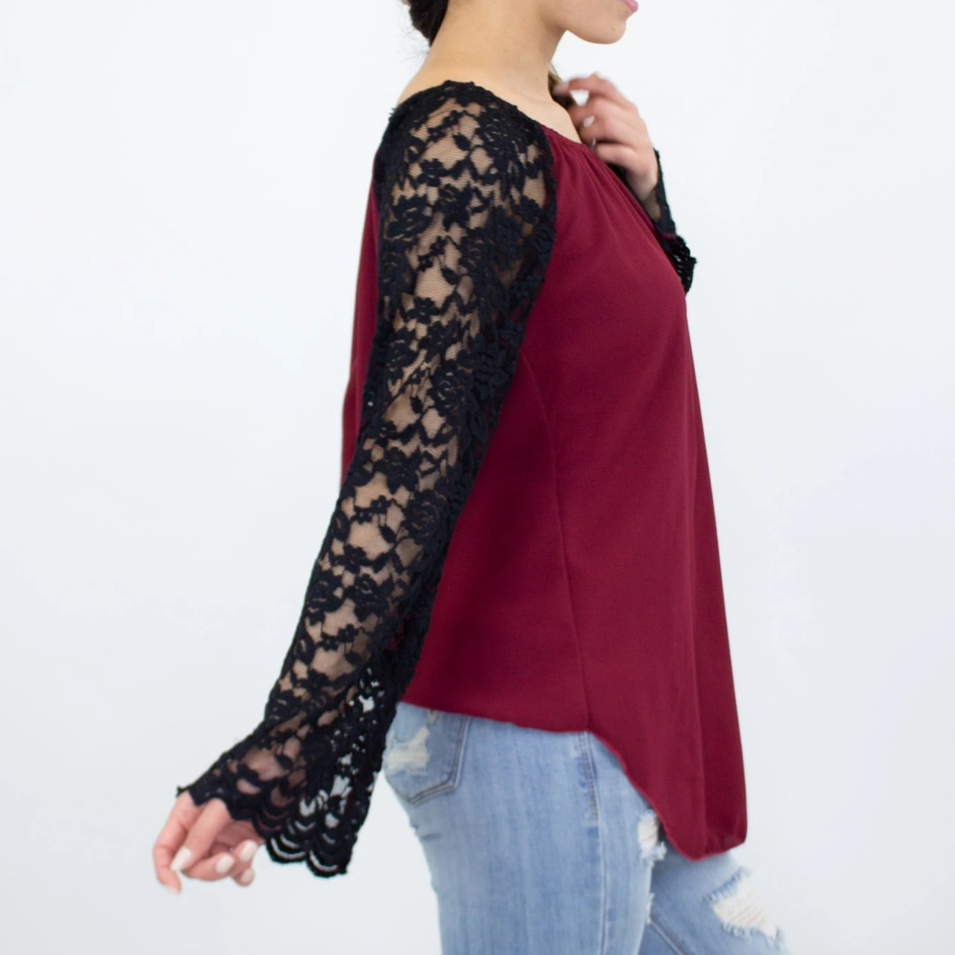 Lace Sleeve Backless Top - Burgundy