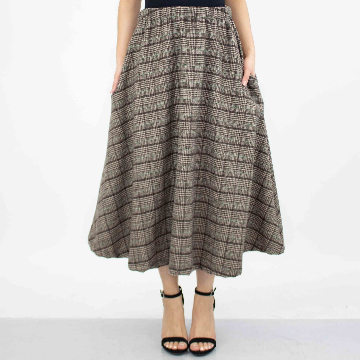 Plaid Flare Midi Skirt with Side Pockets - Brown