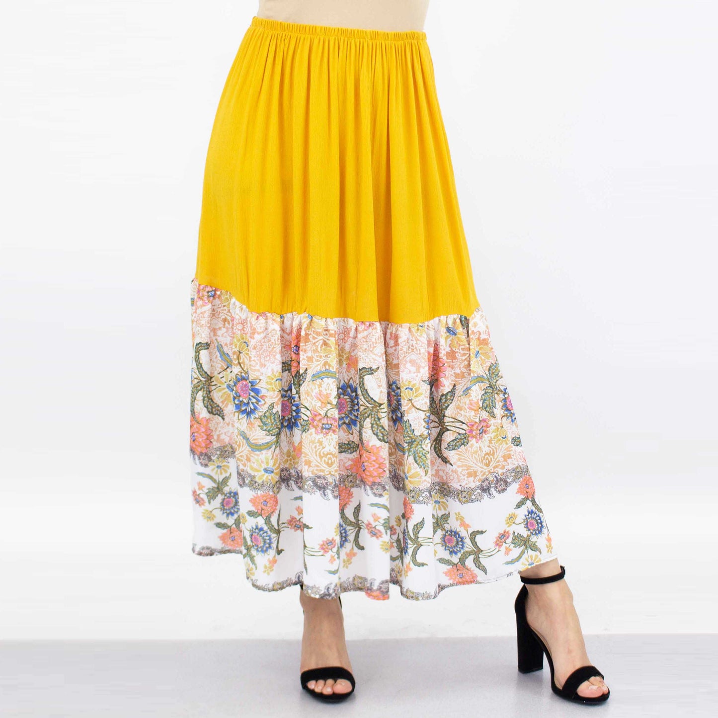 Floral Color Block Skirt - Yellow
