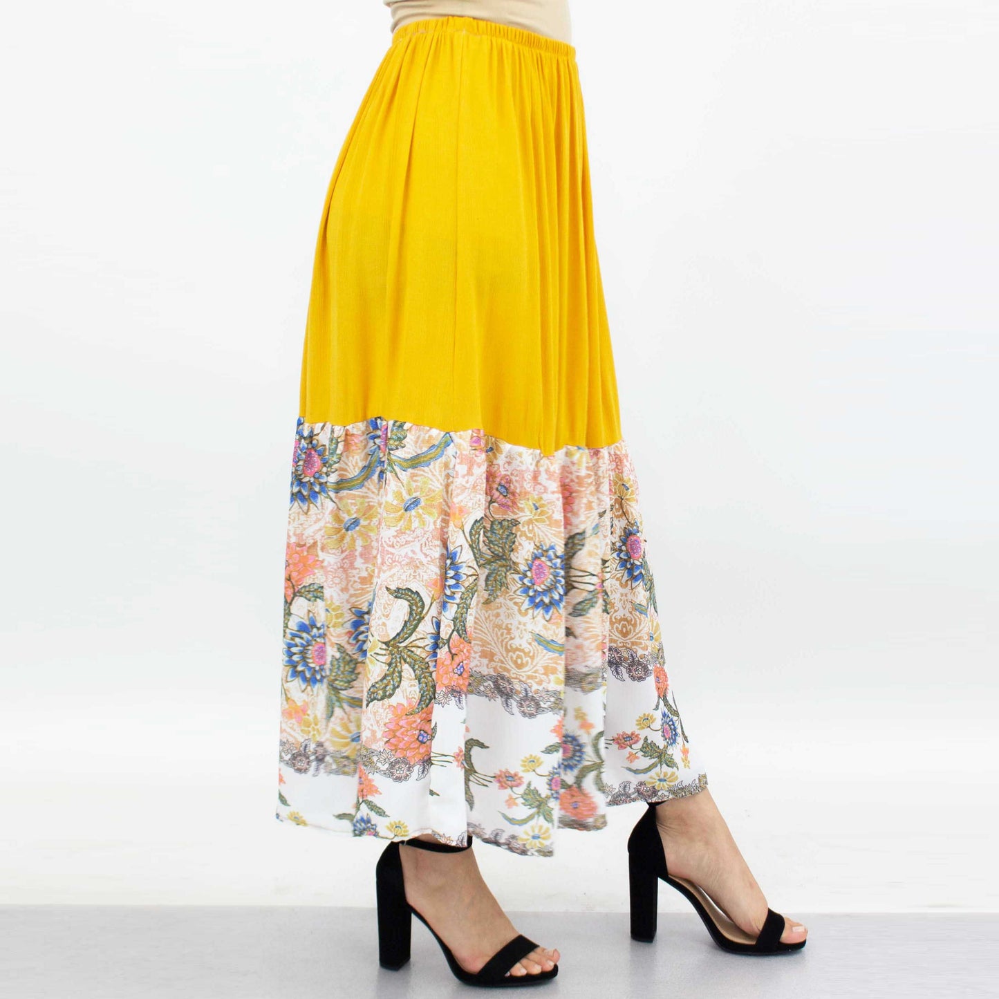 Floral Color Block Skirt - Yellow