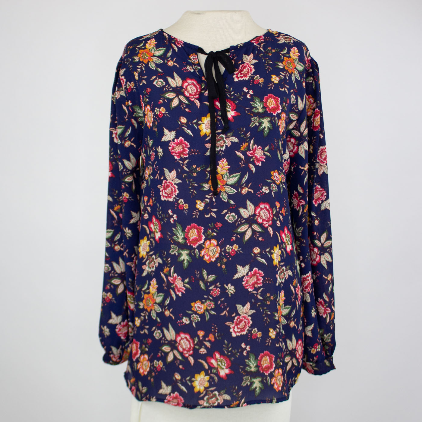 Front Tie Long Sleeve Floral Print Blouse - Navy
