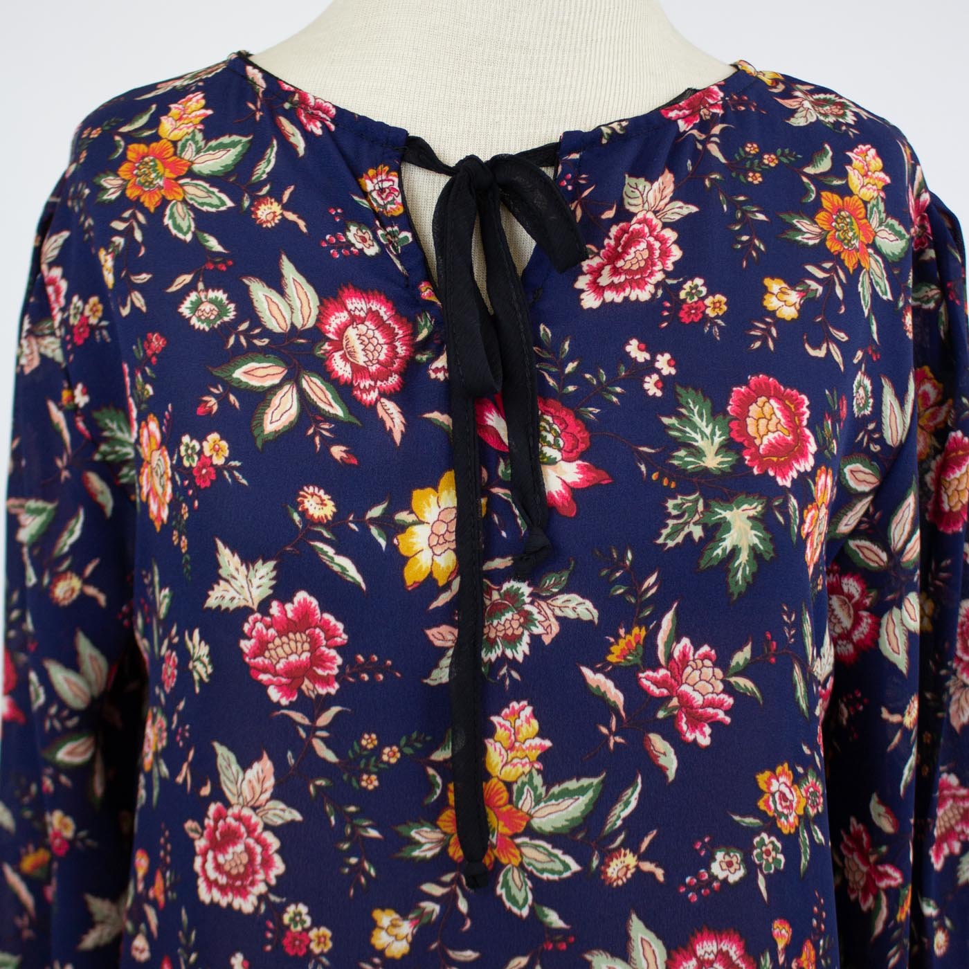 Front Tie Long Sleeve Floral Print Blouse - Navy
