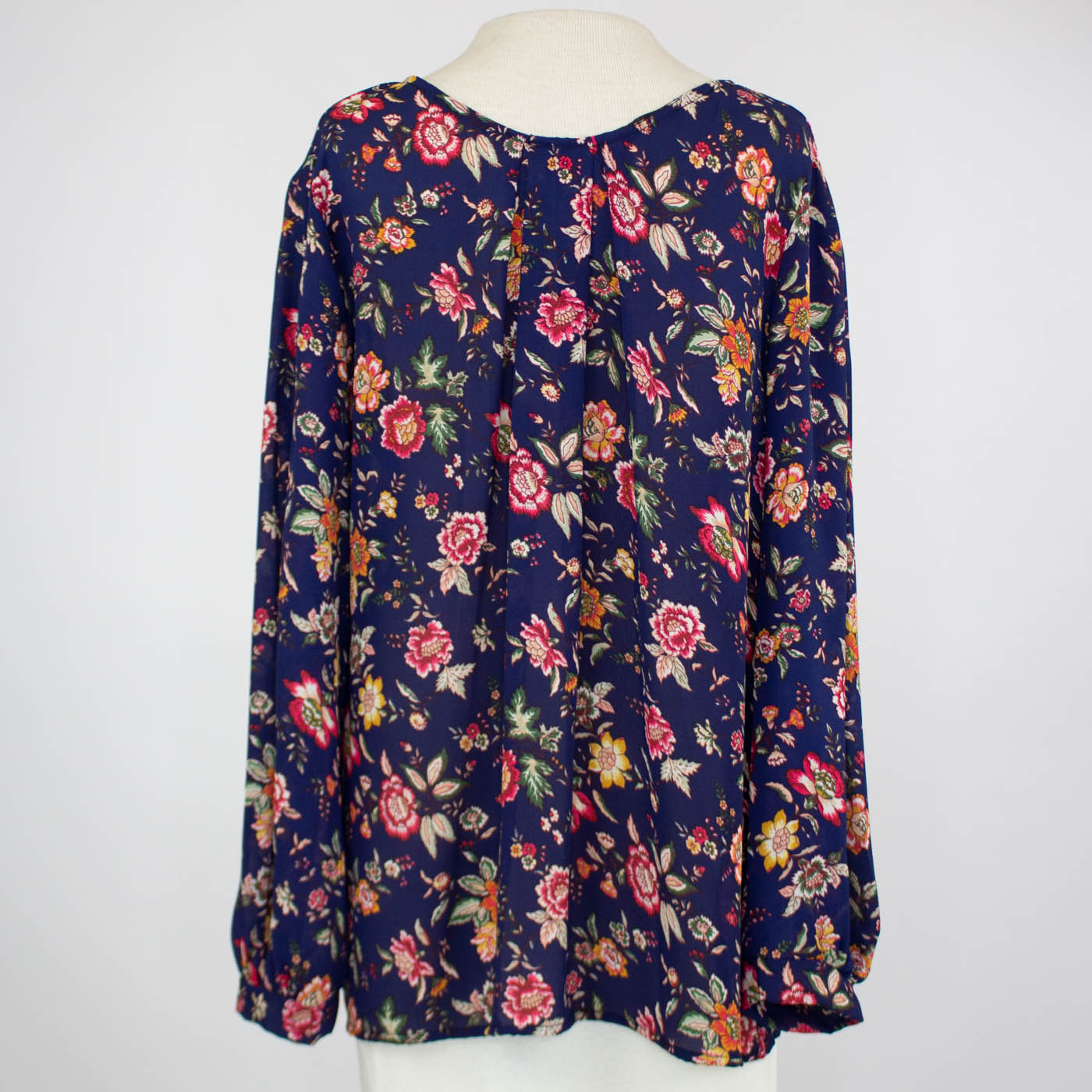 Front Tie Long Sleeve Floral Print Blouse - Navy