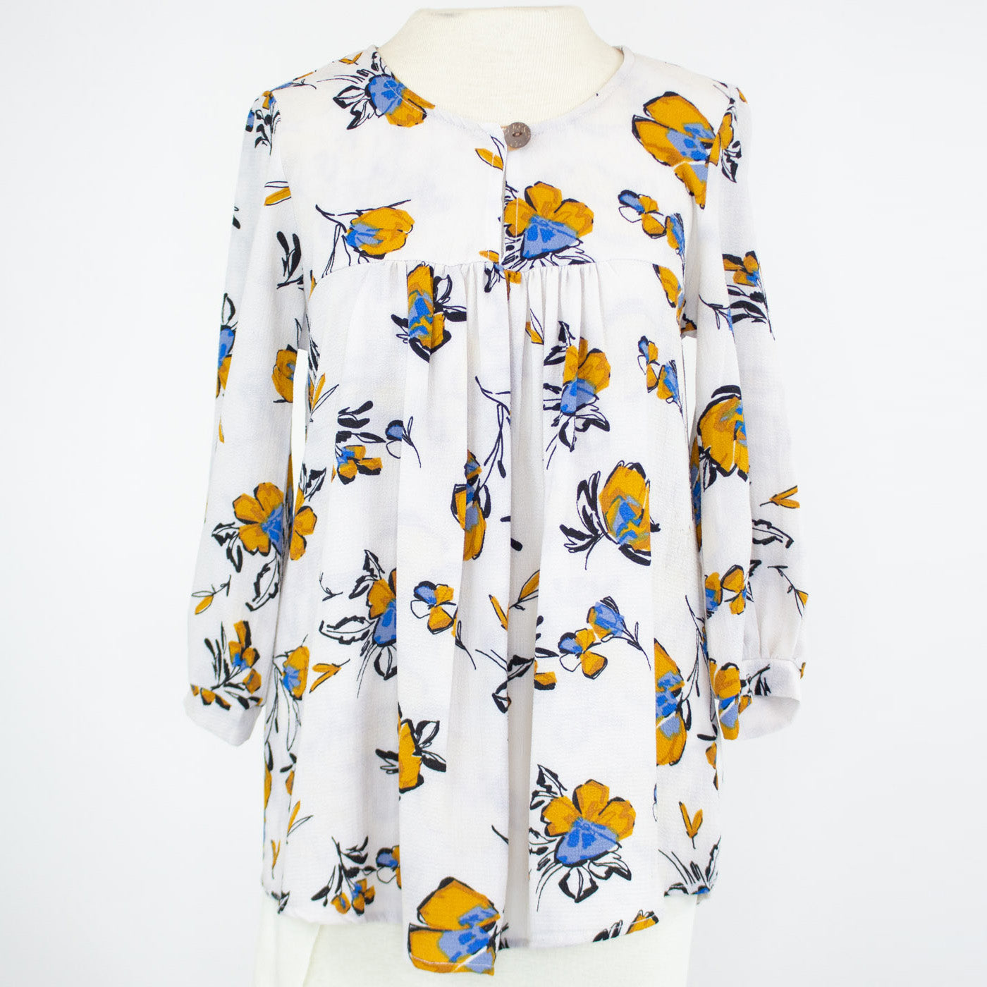 Button Front 3/4 Sleeve Blouse - Beige