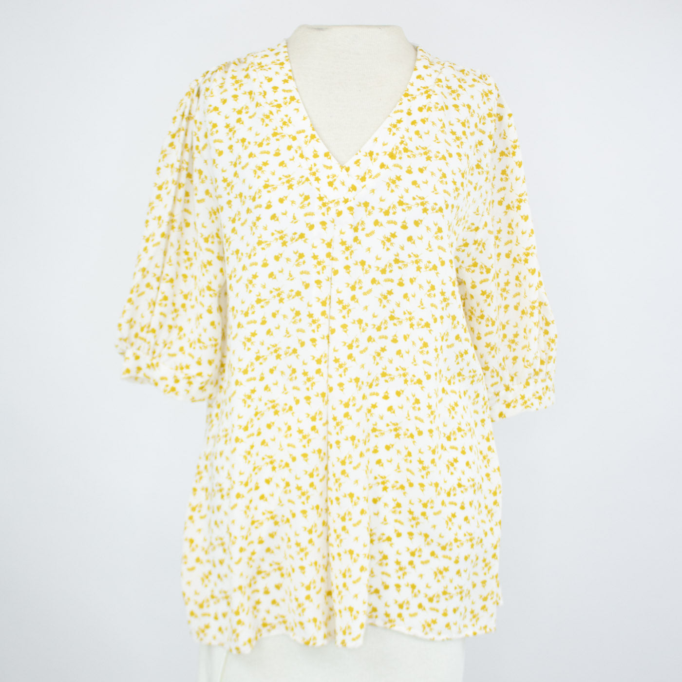 Floral Print V-neck 3/4 Sleeve Blouse - Mustard