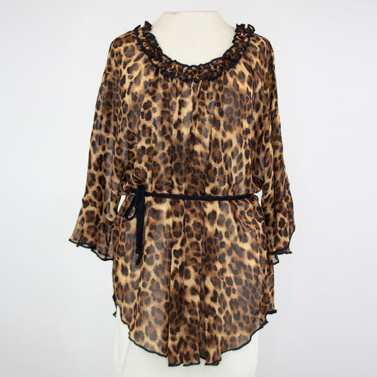 Animal Print Ruffled Neck Waist Tie Blouse