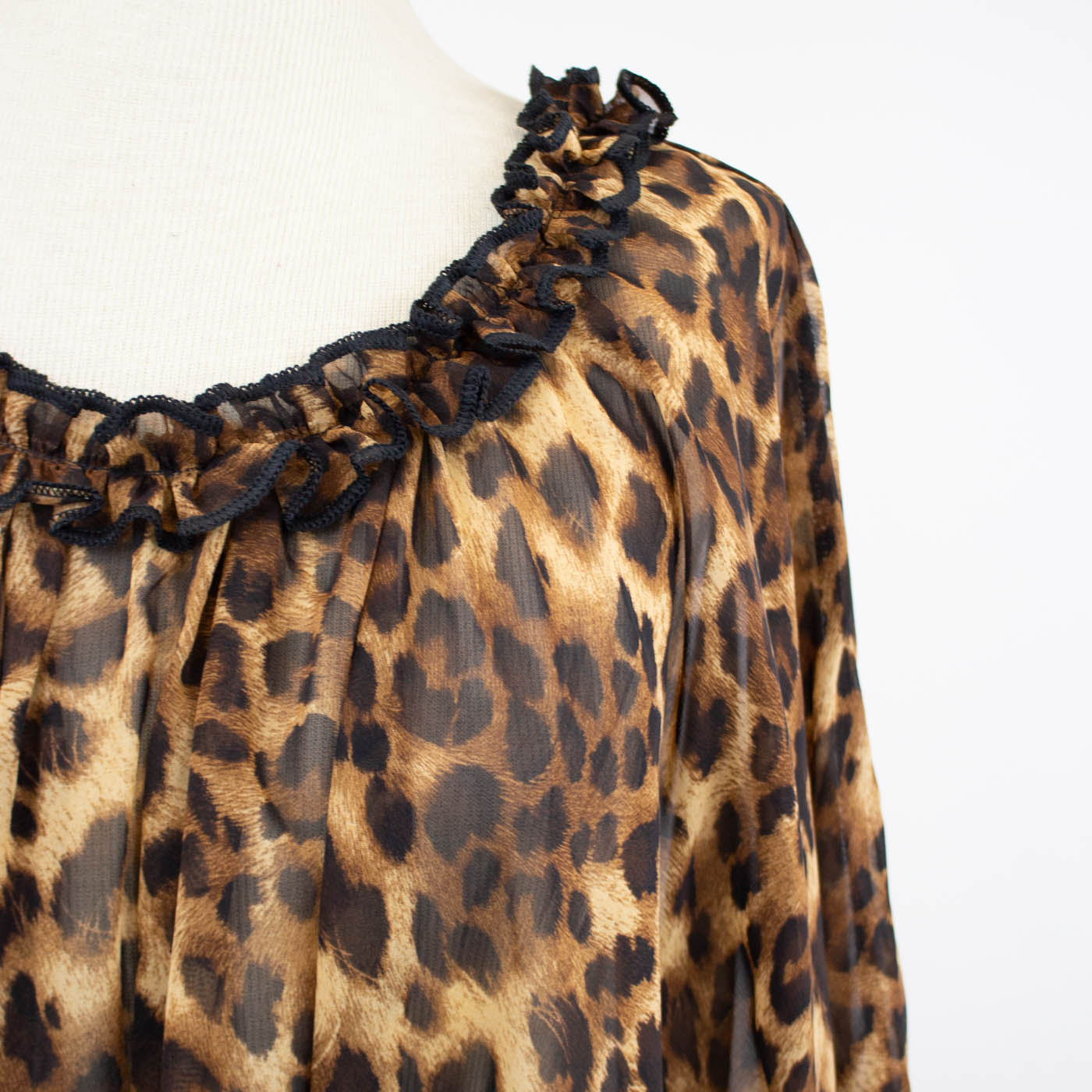 Animal Print Ruffled Neck Waist Tie Blouse