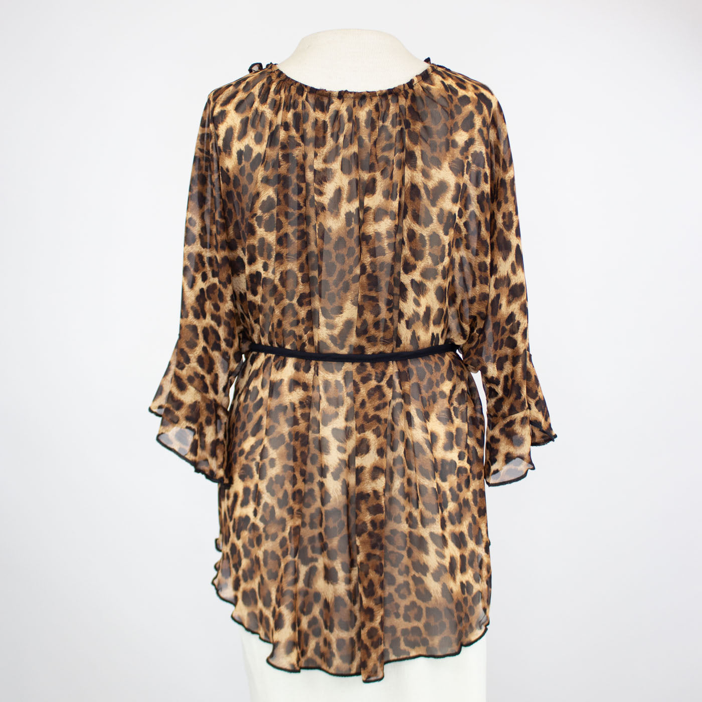 Animal Print Ruffled Neck Waist Tie Blouse