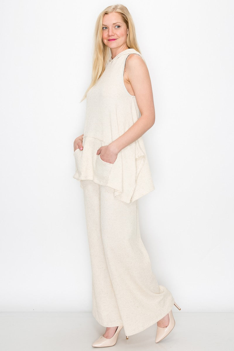 Sleeveless Hooded Top and Wide Leg Pants Set - Ivory