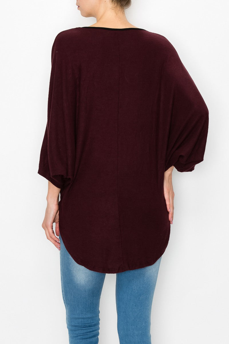 High and Low Round Neck Tunic Top - Burgundy