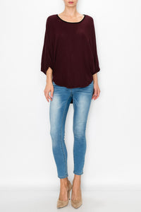 High and Low Round Neck Tunic Top - Burgundy