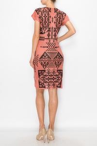 Short Sleeve Aztec Print Dress - Coral