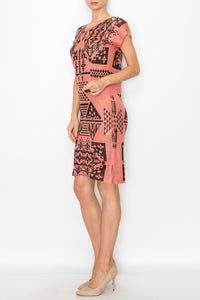 Short Sleeve Aztec Print Dress - Coral