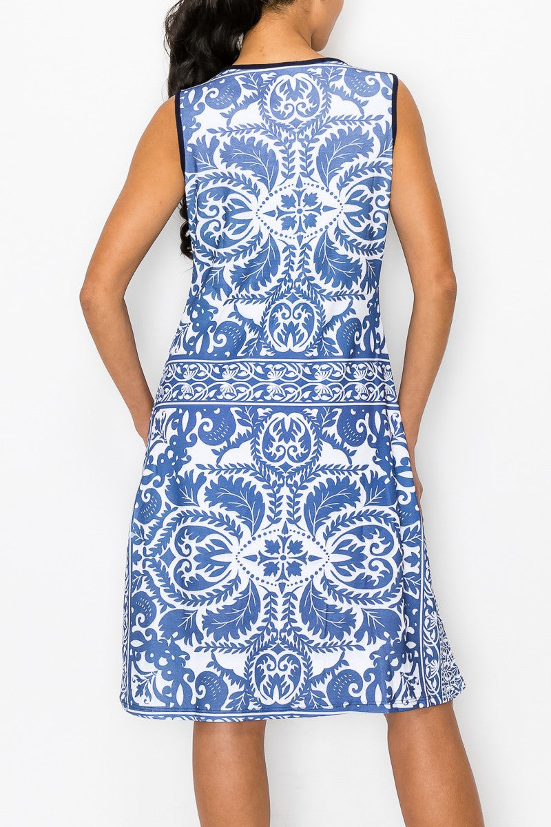 Blue Graphic Print Sleeveless Dress