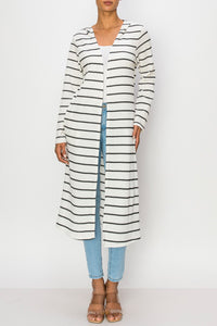 Long Sleeve Hooded Cardigan with Pockets - Striped