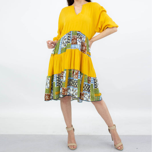 Three Tiered Color Block Dress - Yellow