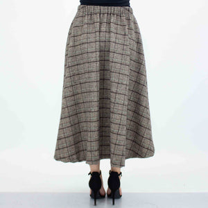 Plaid Flare Midi Skirt with Side Pockets - Brown