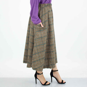 Plaid Flare Midi Skirt with Side Pockets - Blue