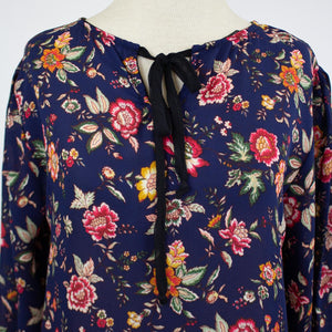 Front Tie Long Sleeve Floral Print Blouse - Navy