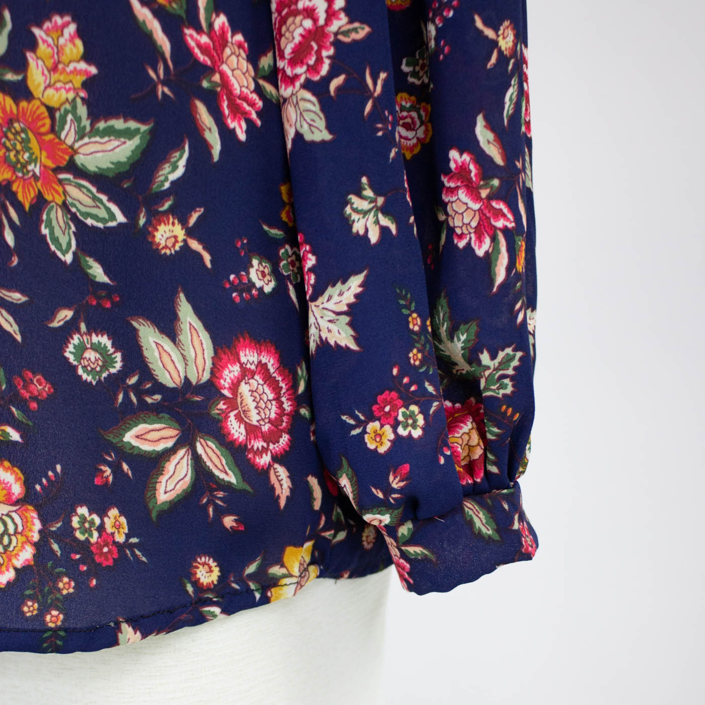 Front Tie Long Sleeve Floral Print Blouse - Navy
